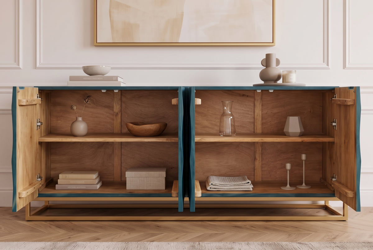Sideboard VULCANO 180cm 3D front mango wood turquoise w/ gold metal frame