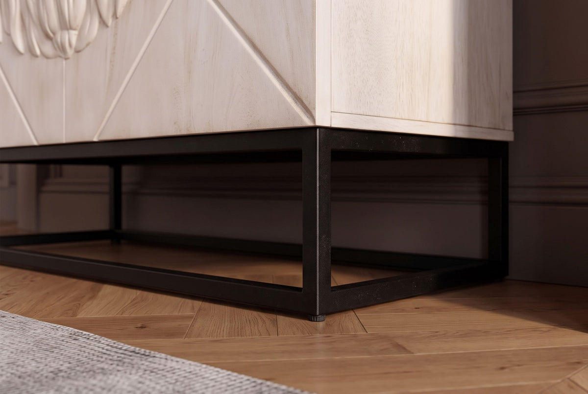 Highboard LION 120cm 3D lion front mango wood creamy w/ black metal frame