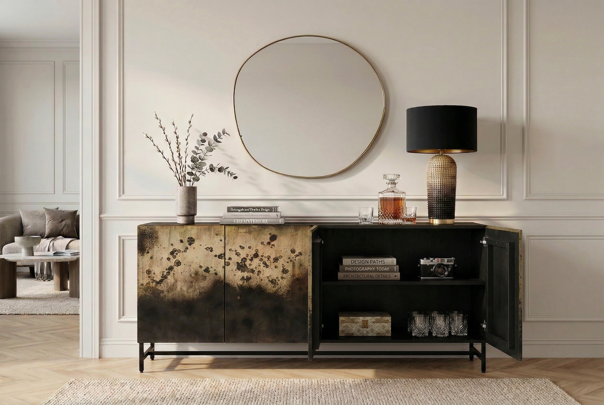 Sideboard OXID 180cm Metall schwarz gold massives Mangoholz