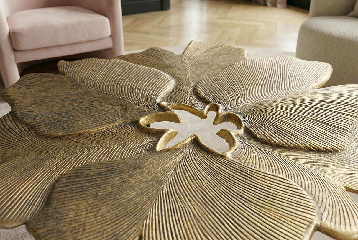 Couchtisch GINKGO LEAVES 95cm gold mit schwarzen Beinen