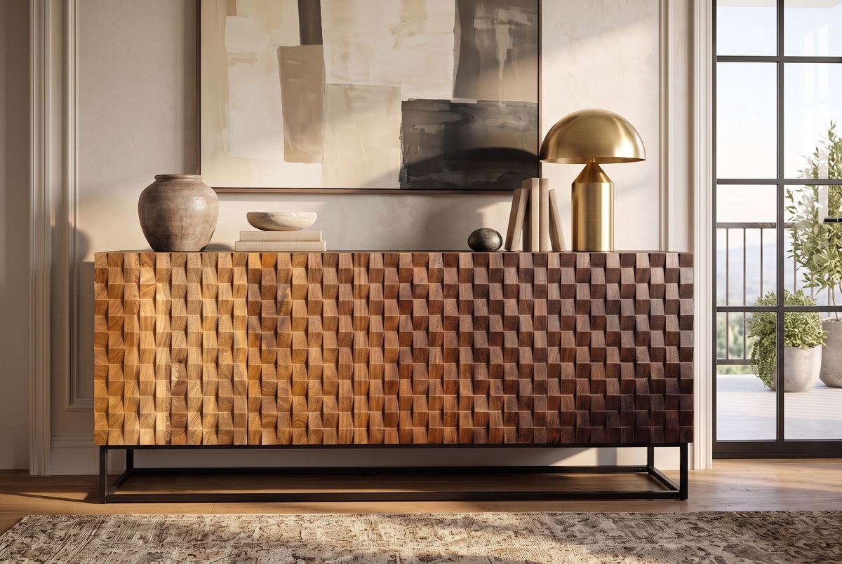 Sideboard SHADES 180cm 3D-Front Mangoholz mehrfarbig braun mit schwarzem Metallgestell