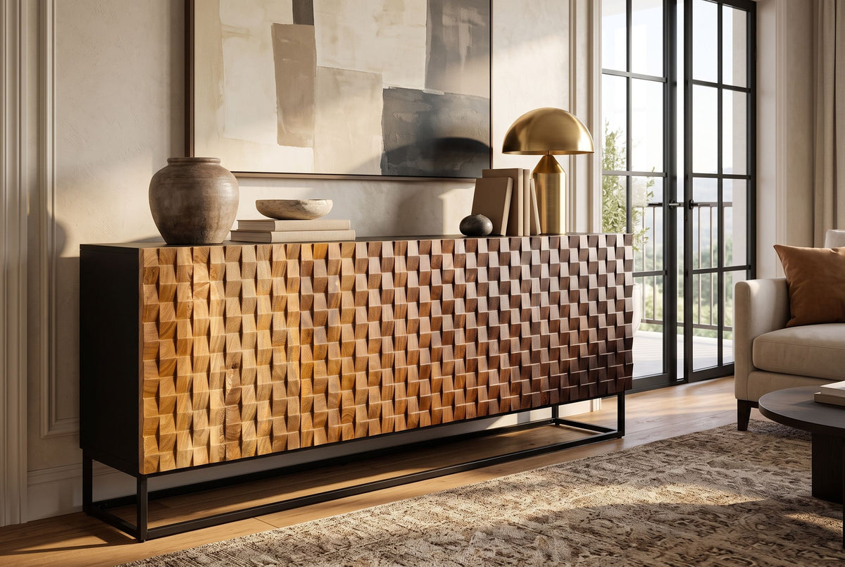 Sideboard SHADES 180cm 3D-Front Mangoholz mehrfarbig braun mit schwarzem Metallgestell