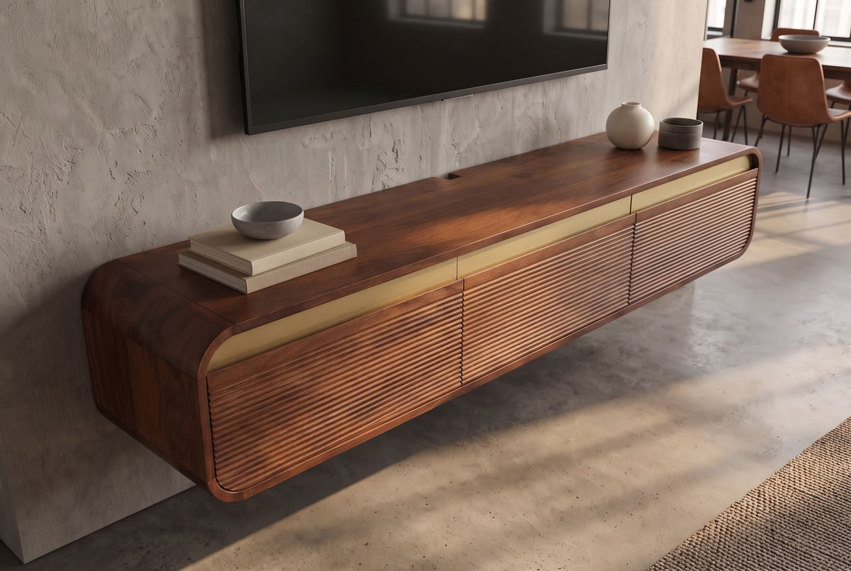 TV-Board MONZA 160cm w/ cable management hanging fluted front brown mango wood gold details