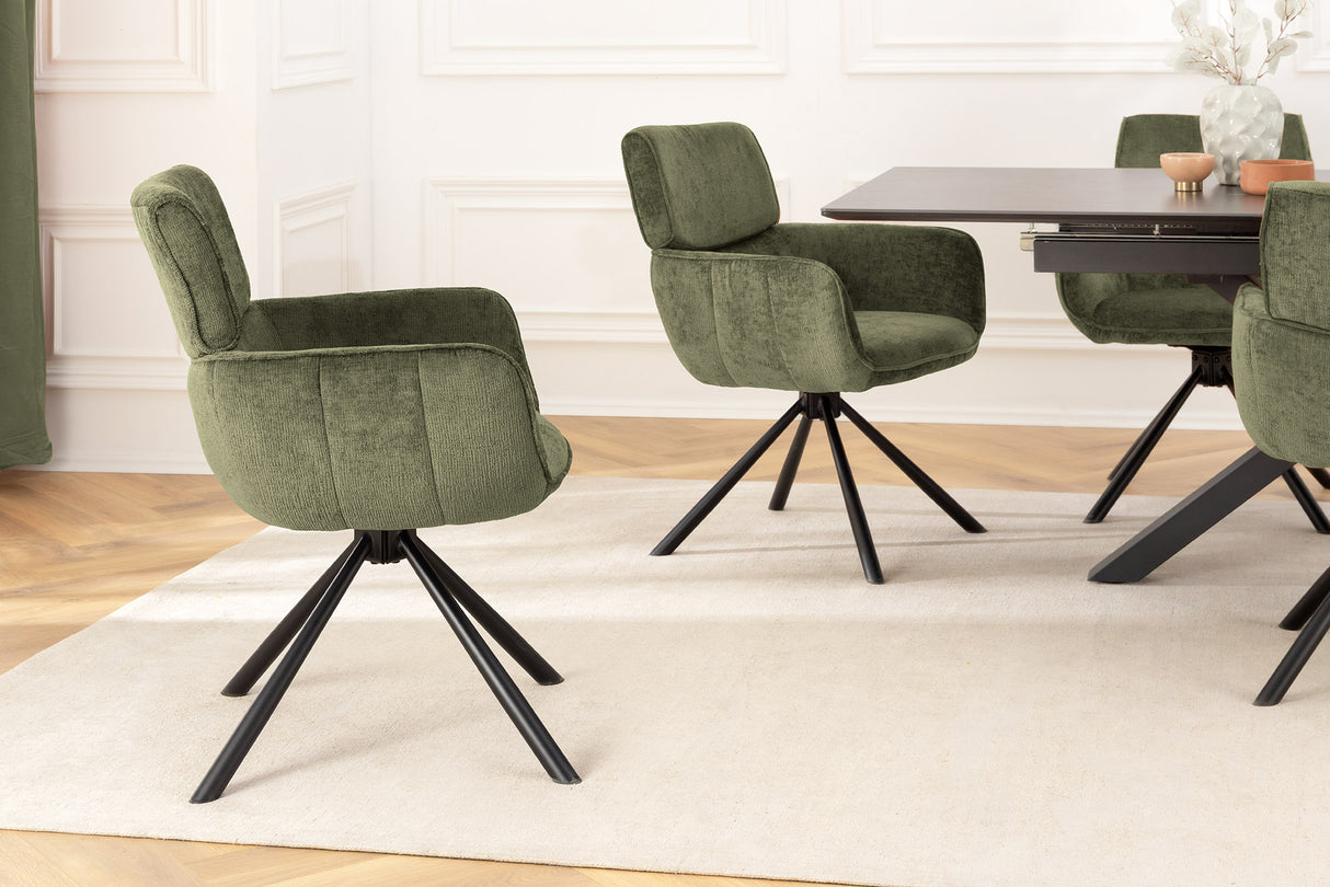 Swivel chair UNIQUE 180° w/ armrests chenille fabric green and black legs