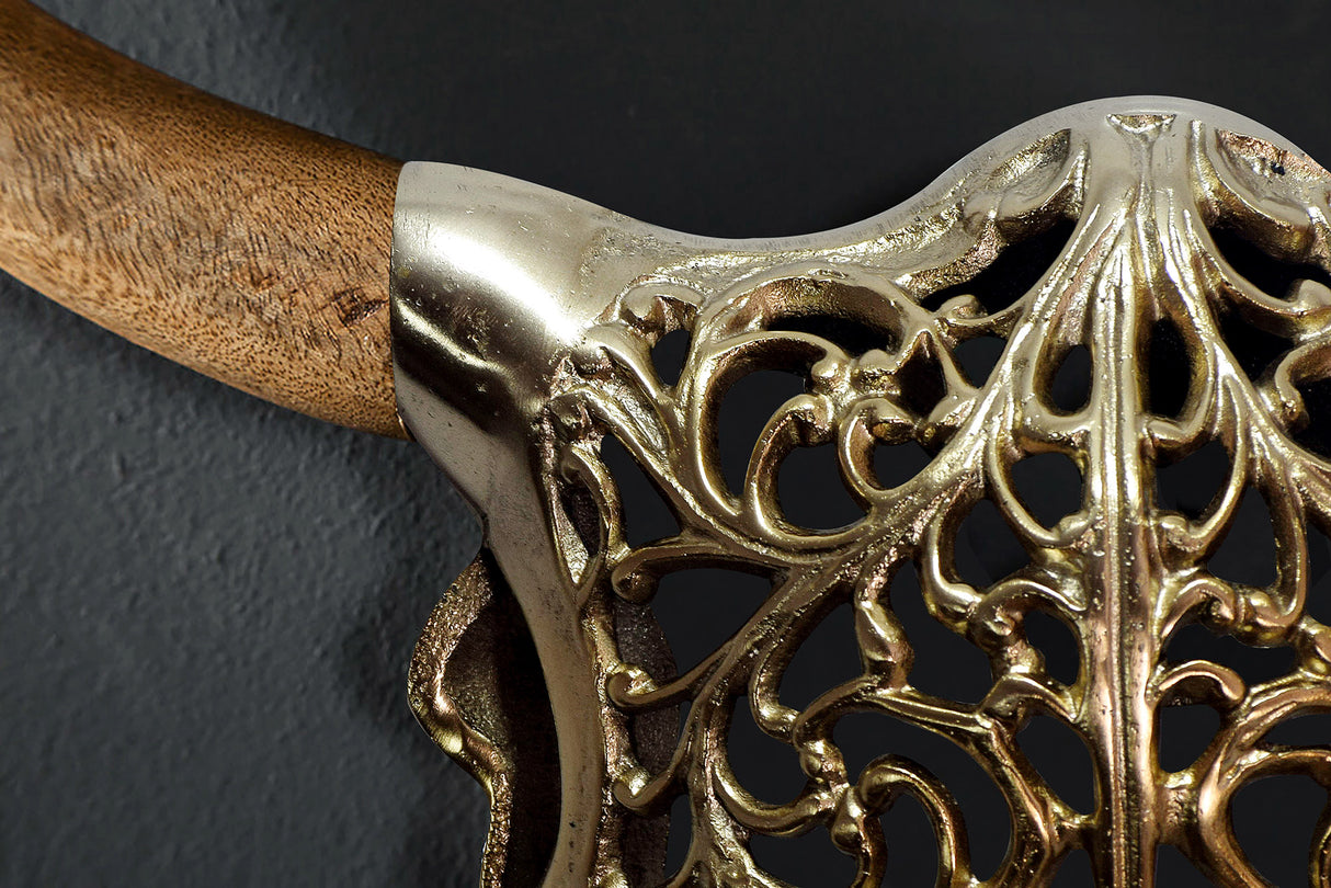 Wanddekoration EXOTIC BULL 60cm Mangoholz und Metall naturgold handgefertigt