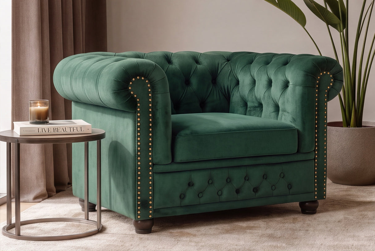 Armchair CHESTERFIELD antique look velvet emerald green