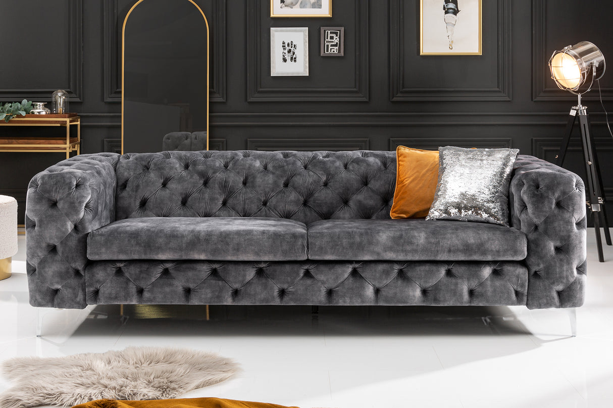 Sofa MODERN BAROCK 240cm 3-seater velvet dark grey Chesterfield look