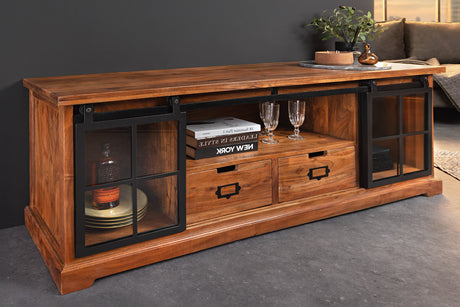 Vitrine HERITAGE 160cm schwarz Metall Schiebetüren Akazienholz braun