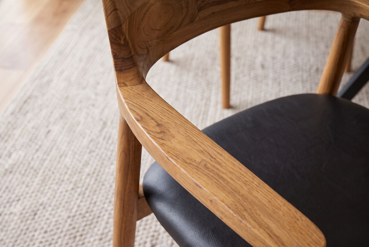 Chair KENNEDY w/ armrests artificial leather black and teak wood natural