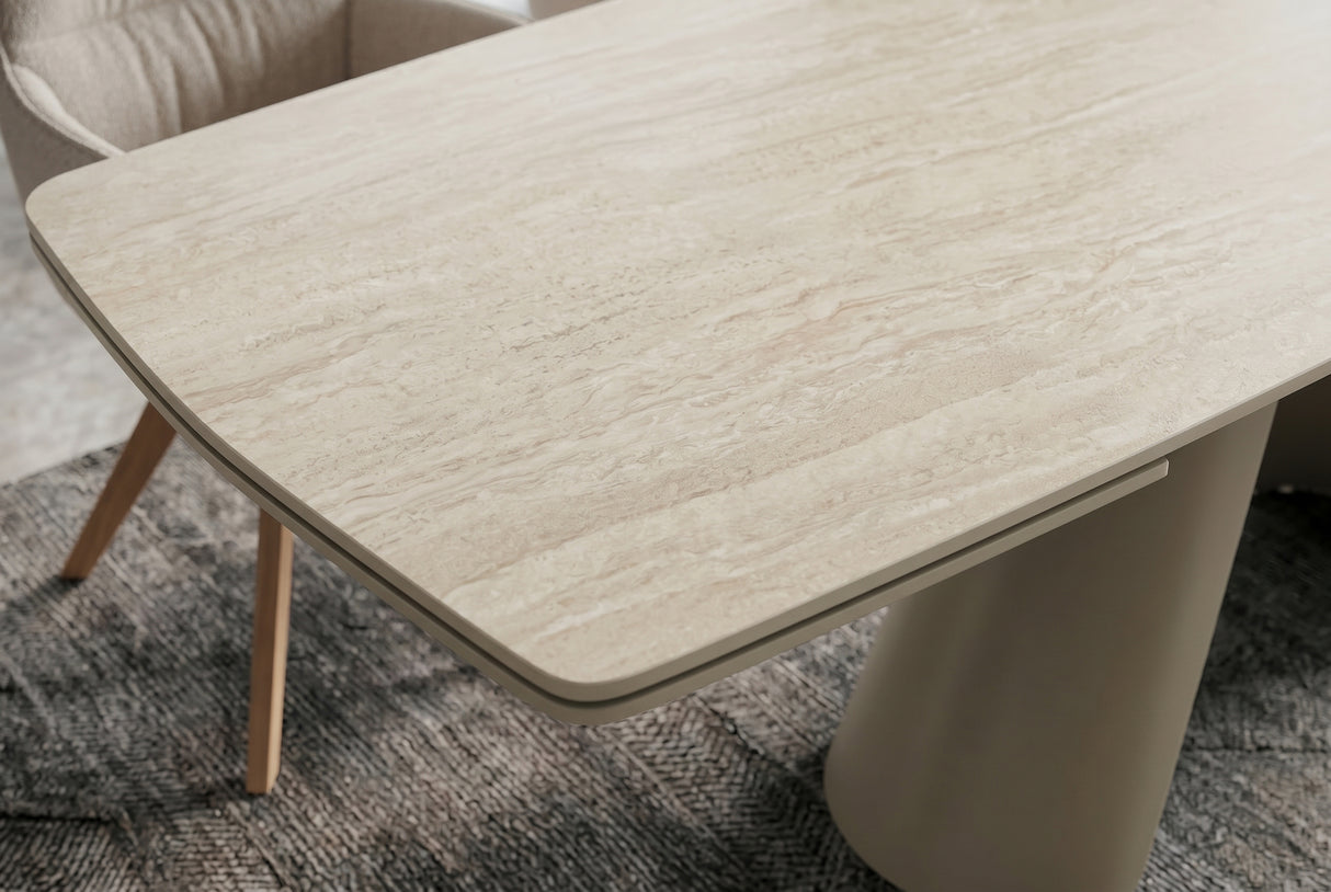Dining table VOGUE 160-240cm extendable w/ metal frame travertine ceramic top champagne greige beige