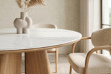Dining table ORGANIKO 120cm round white marble ceramic top w/ oak wood look frame