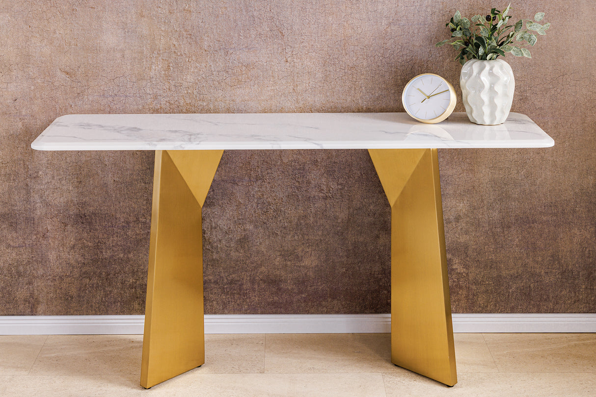 Konsole EXTRAVAGANCIA 140cm mit champagnergoldenen Beinen und weißer Marmorplatte