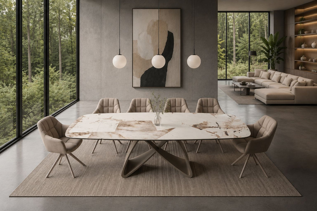 Dining table INFINITY 180-220-260cm boat-shaped extendable italian patagonia ceramic white brown