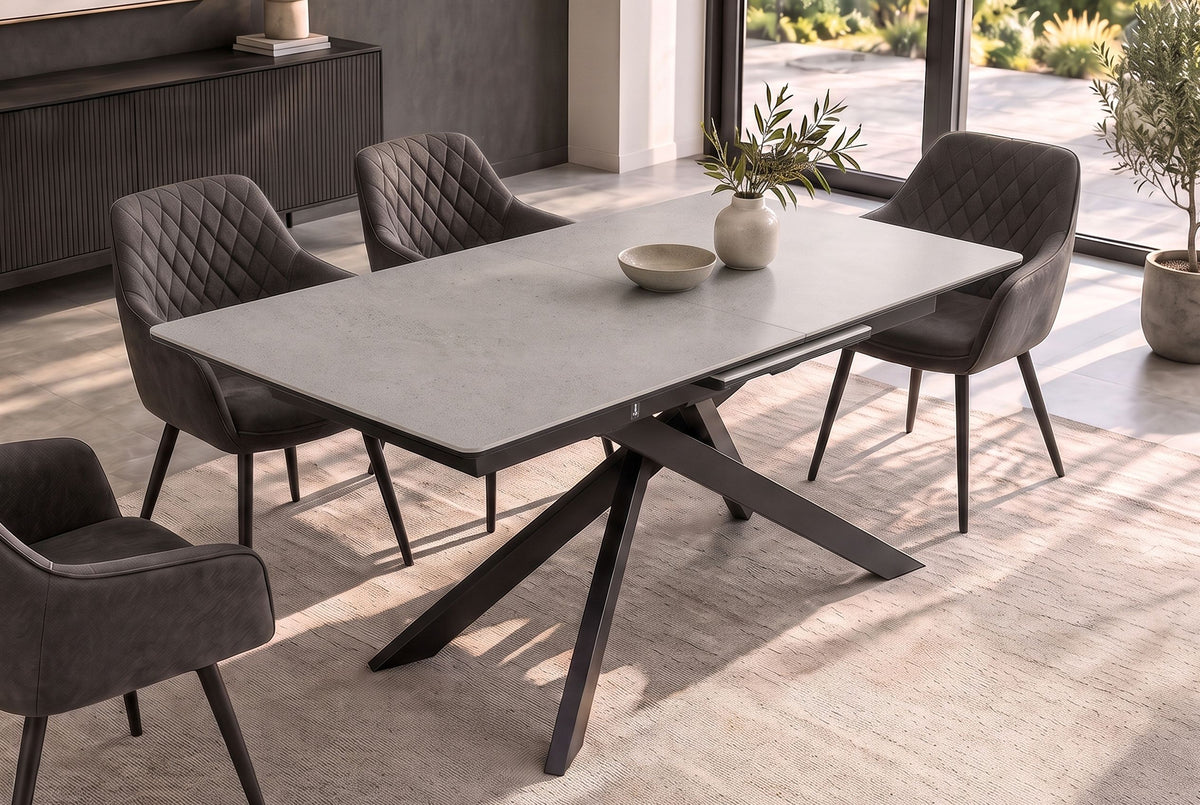 Esstisch ALPINE 160-200cm ausziehbar Keramik Beton taupe mit schwarzem Sternfuß