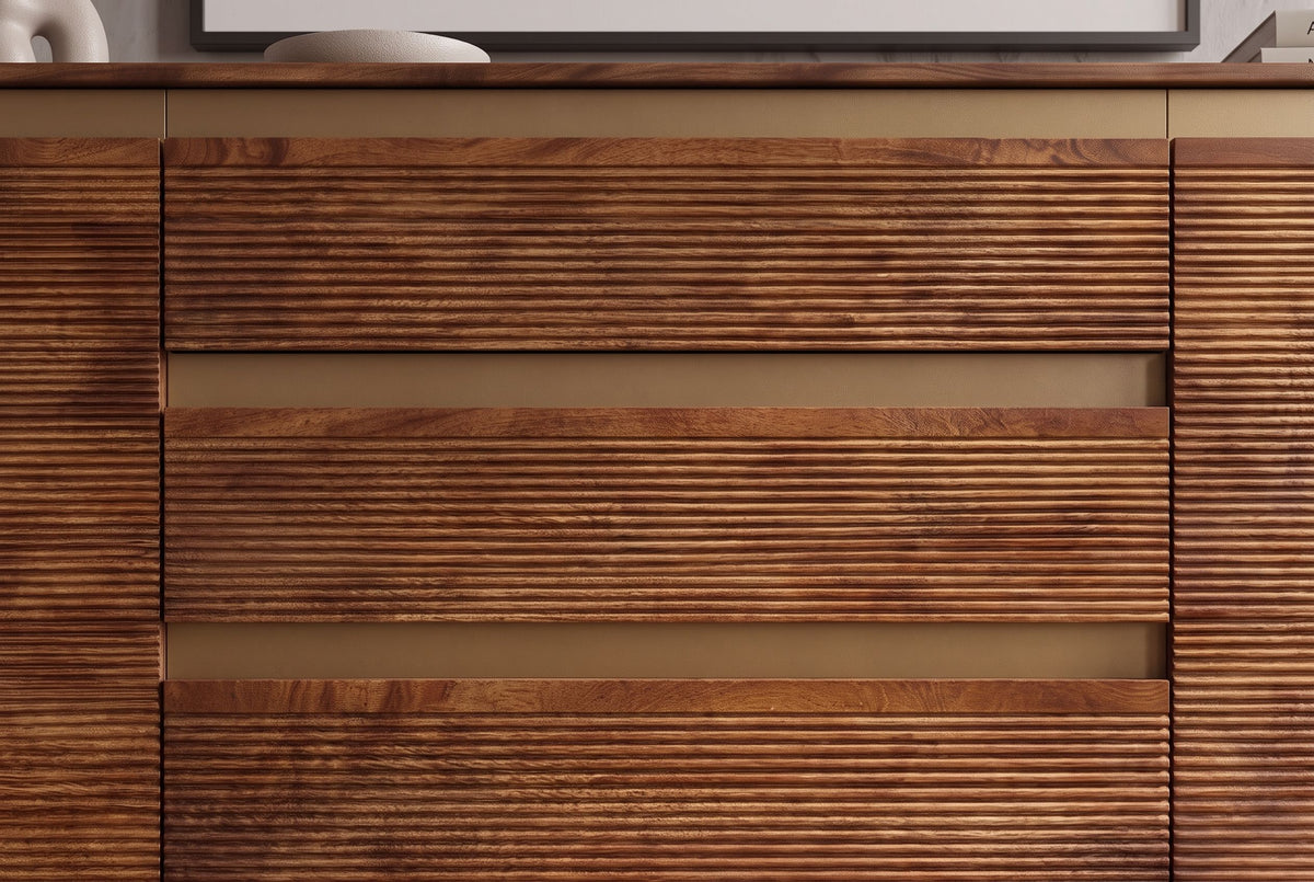 Sideboard MONZA 180cm fluted front rounded edges mango wood brown w/ gold details