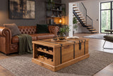 Couchtisch BODEGA 100cm mit Weinregal und Stauraum Mangoholz Honig-Finish