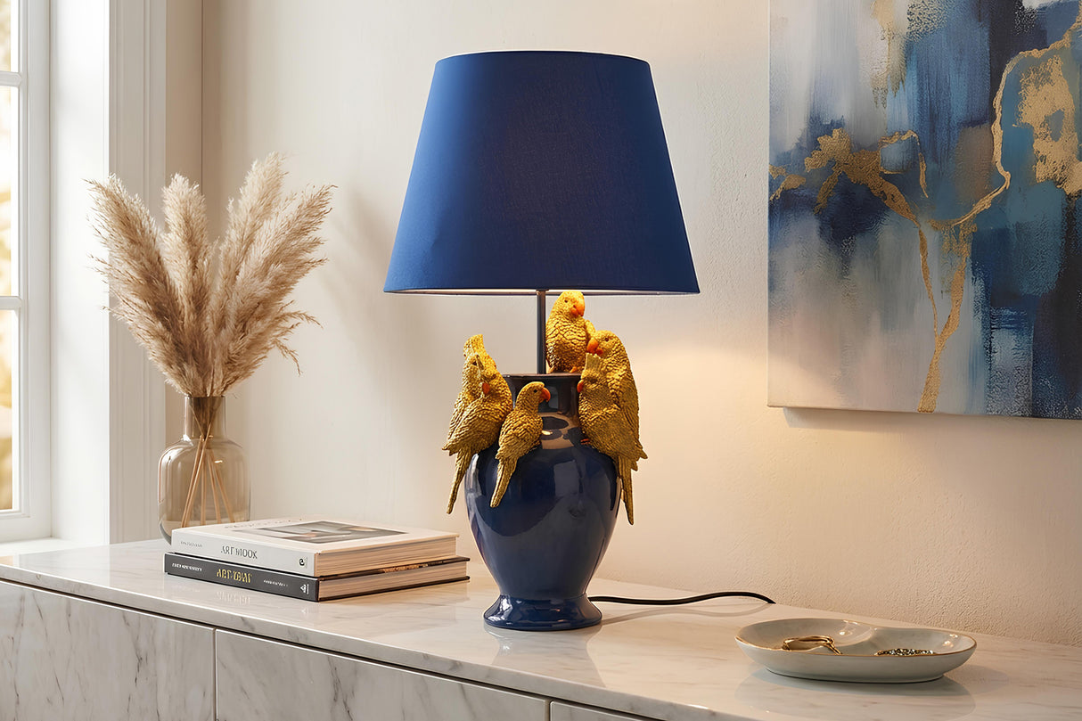 Tischleuchte PARROT 50 cm goldblau mit Stoffschirm