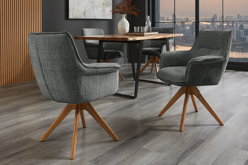Swivel chair LE GRAND rotatable 180° grey chenille fabric w/ armrests and oak wood legs