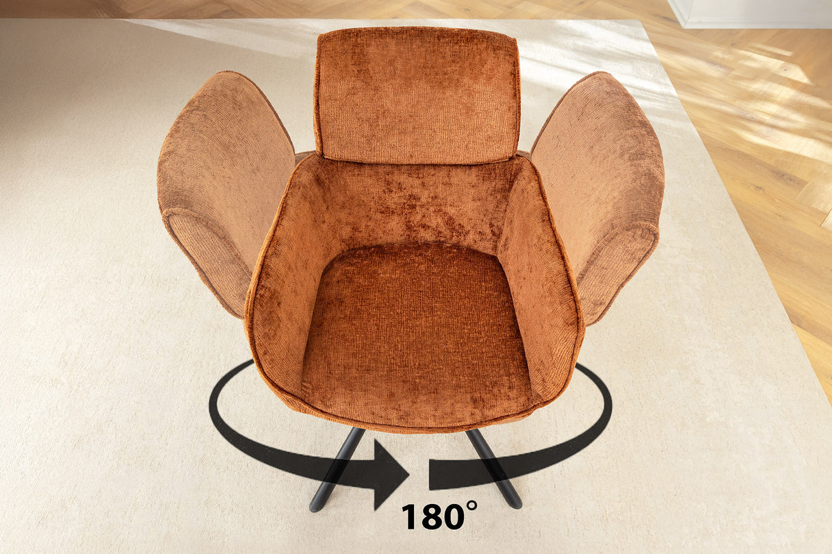 Swivel chair UNIQUE 180° w/ armrests chenille fabric rust brown and black legs