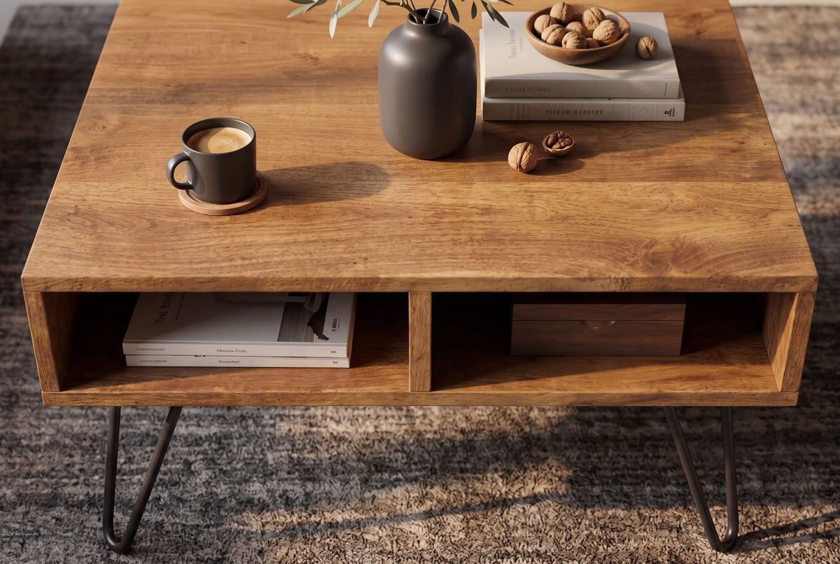 Couchtisch SCORPION 60 cm mit Stauraum und Hairpin-Beinen Mangoholz honigfarbenes Finish
