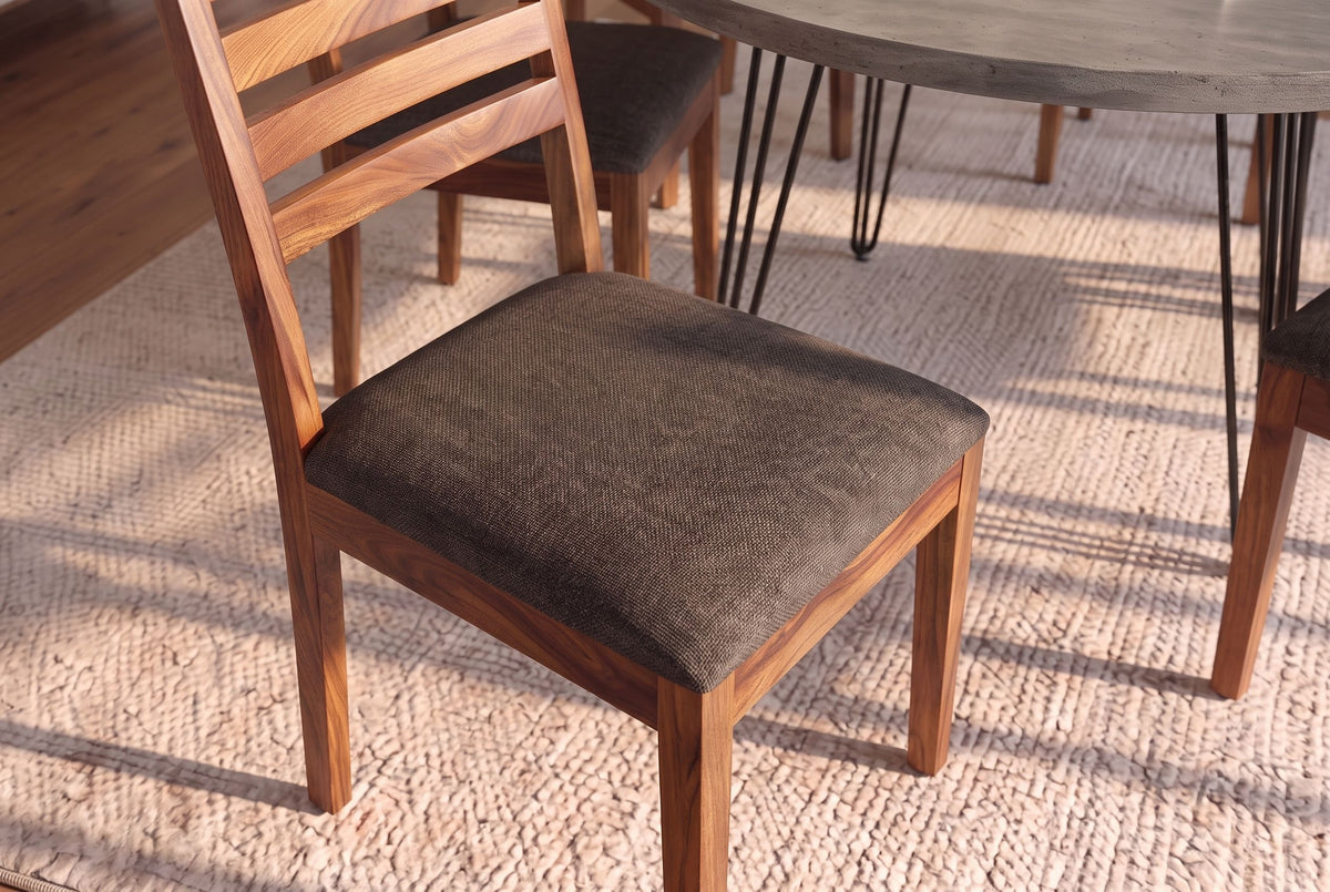 Chair MAKASSAR 90cm textured fabric grey brown and sheesham wood brown stone finish