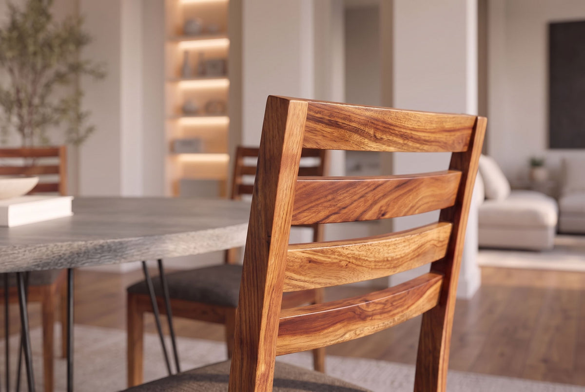 Chair MAKASSAR 90cm textured fabric grey brown and sheesham wood brown stone finish