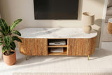 TV-Board TRES CHIC 140cm Mangoholz natur mit weißer Marmorplatte und goldenen Griffen