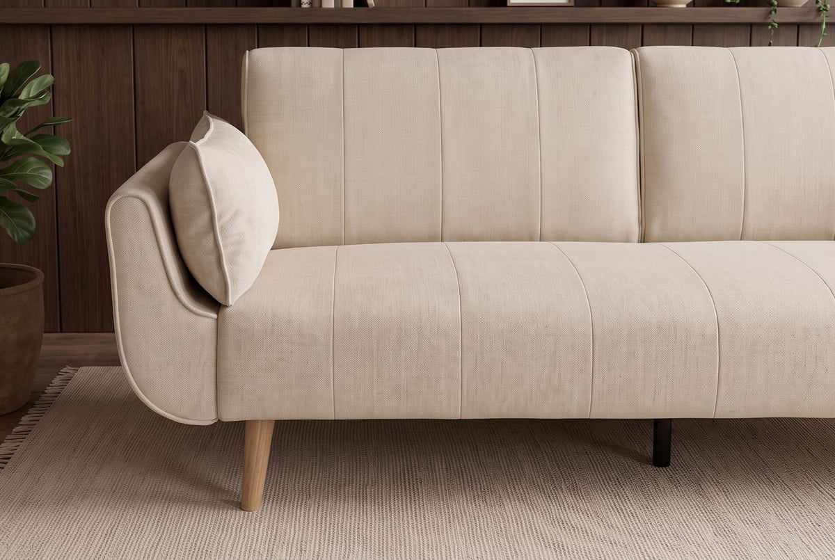 Schlafsofa DIVANI 220 cm 3-Sitzer mit Armlehnkissen, Strukturstoff greige, Holzfüße