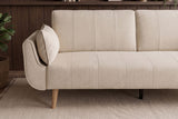 Schlafsofa DIVANI 220 cm 3-Sitzer mit Armlehnkissen, Strukturstoff greige, Holzfüße