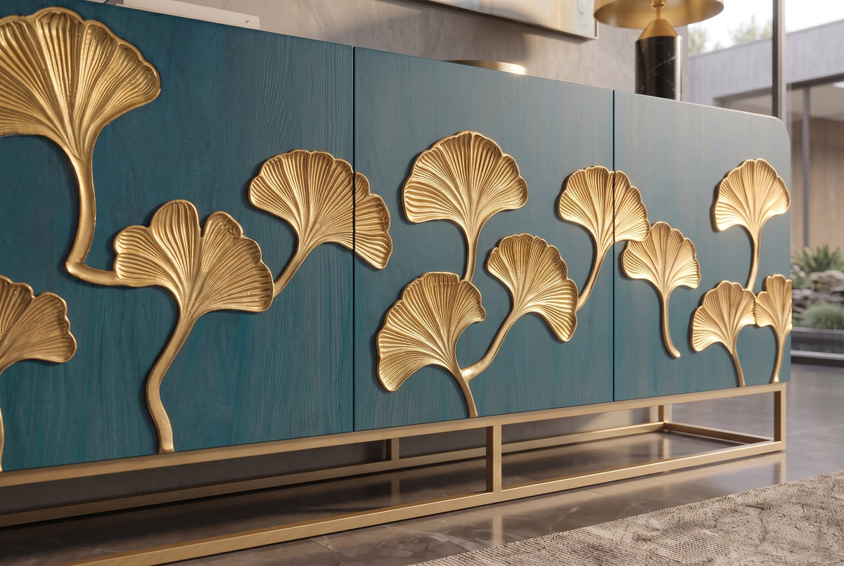 Sideboard GINKGO 160cm 3D ginkgo leaf front mango wood turquoise w/ gold metal frame