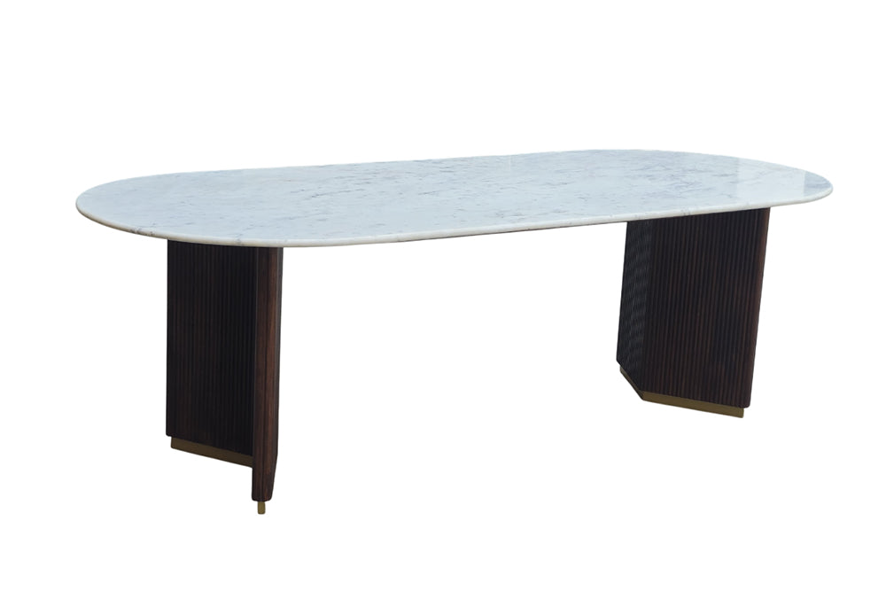 Dining table GATSBY 240cm oval mango wood v-shape frame marble top white