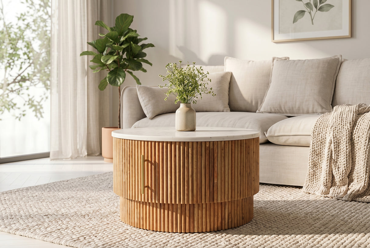 Couchtisch TRES CHIC Ø 60cm rund Mangoholz natur mit weißer Marmorplatte
