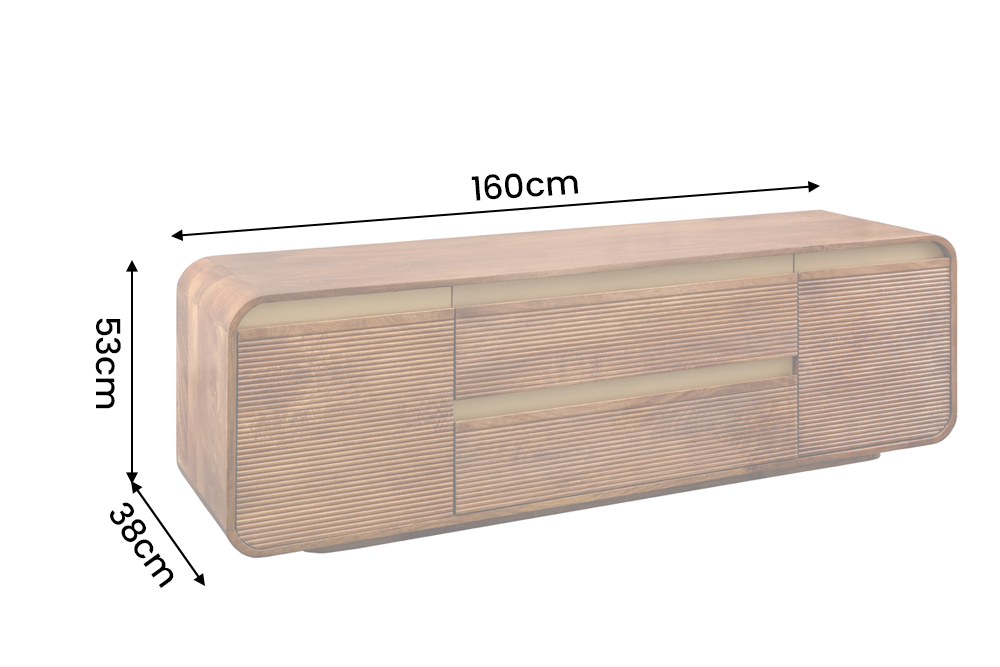 TV-Board MONZA 160cm w/ cable management fluted front rounded edges brown mango wood gold details