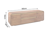TV-Board MONZA 160cm w/ cable management fluted front rounded edges brown mango wood gold details