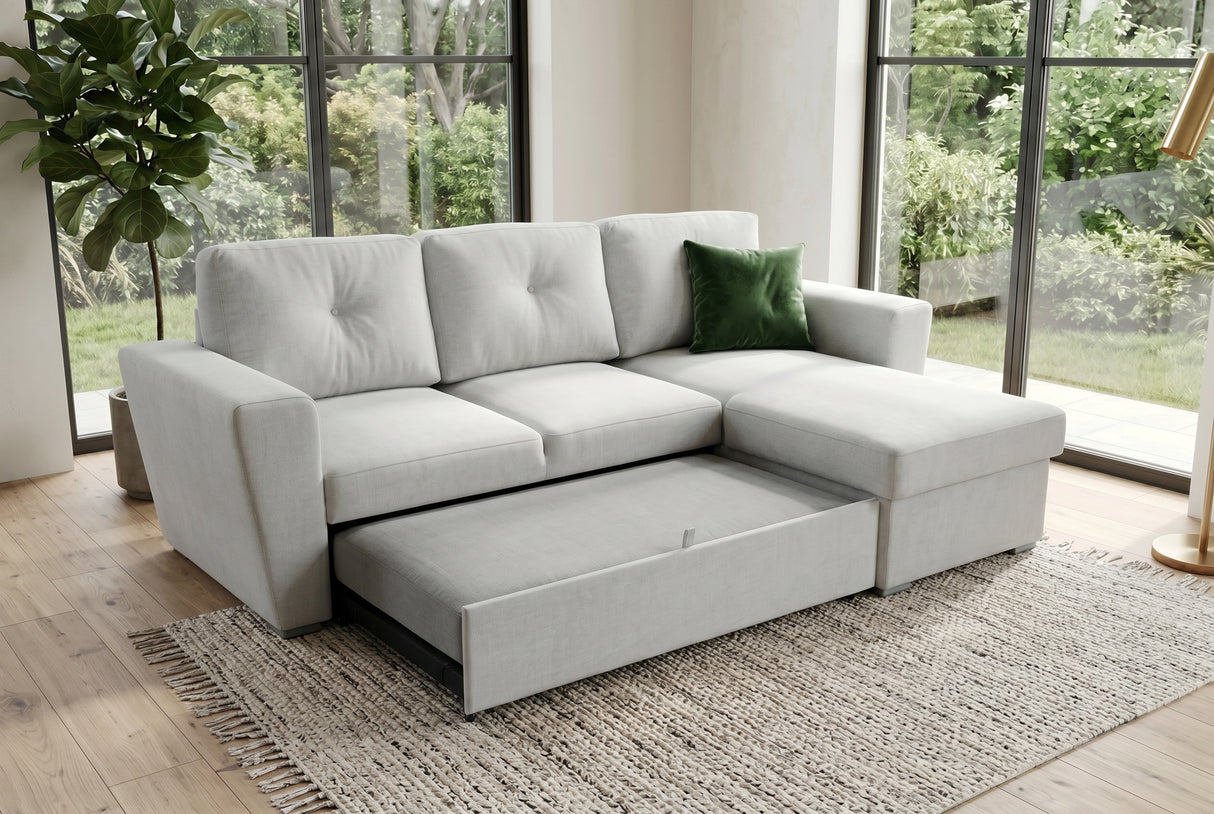 Sofa bed APARTMENT 245cm 3-seater w/ ottoman and storage space textured fabric beige