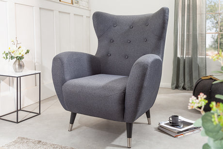 Wing chair DON anthracite w/ silver caps flat woven fabric