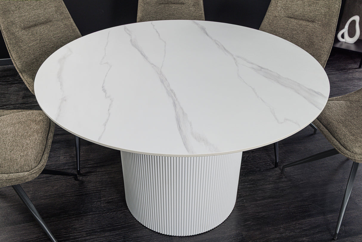 Dining table UNIQUE 120cm round white frame ceramic white marble top