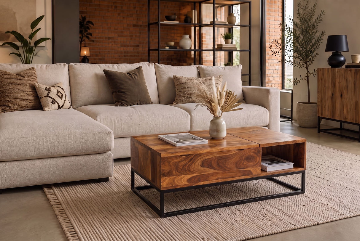 Coffee table MAKASSAR FUNCTION 110cm height adjustable sheesham natural