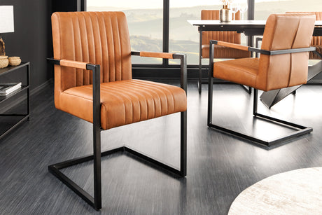Cantilever chair BIG ASTON w/ armrests spring core black metal legs leather vintage cognac