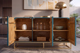 Sideboard GINKGO 160cm ginkgo leaf front mango wood turquoise w/ gold metal frame