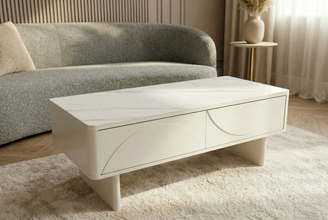 Couchtisch SAVOY 120 cm 3D weiß mit weißer Marmorkeramikplatte