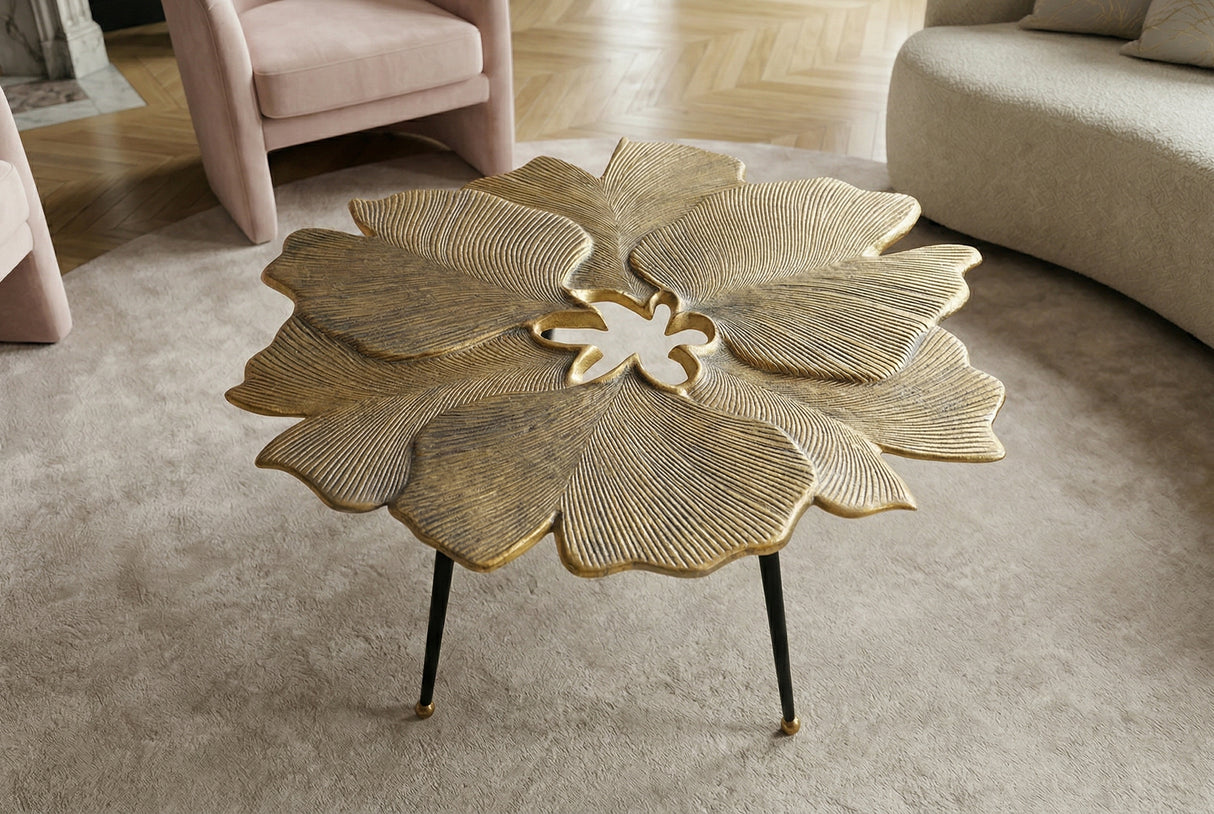 Couchtisch GINKGO LEAVES 95cm gold mit schwarzen Beinen