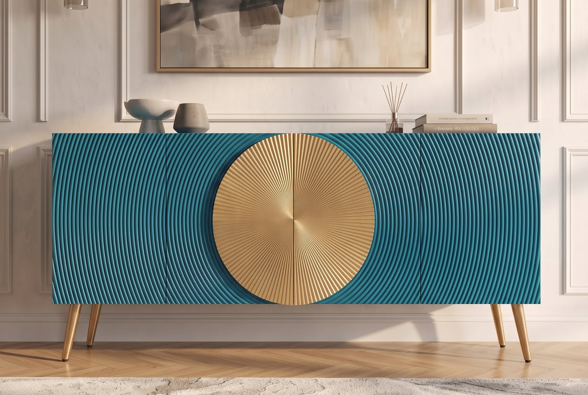 Sideboard AURUM 180cm textured front gold circle accent mango wood turquoise gold metal feet