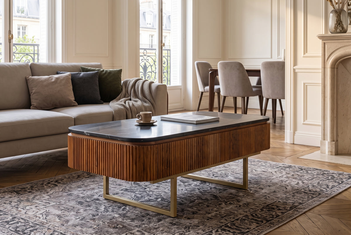 Couchtisch GATSBY 110cm Retro-Stil Mangoholz goldene Marmorplatte schwarz