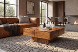 Coffee table BOLT 70cm square pedestal base sheesham wood brown stone finish