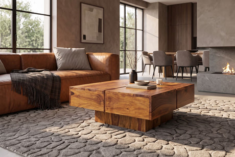 Coffee table BOLT 70cm square pedestal base sheesham wood brown stone finish