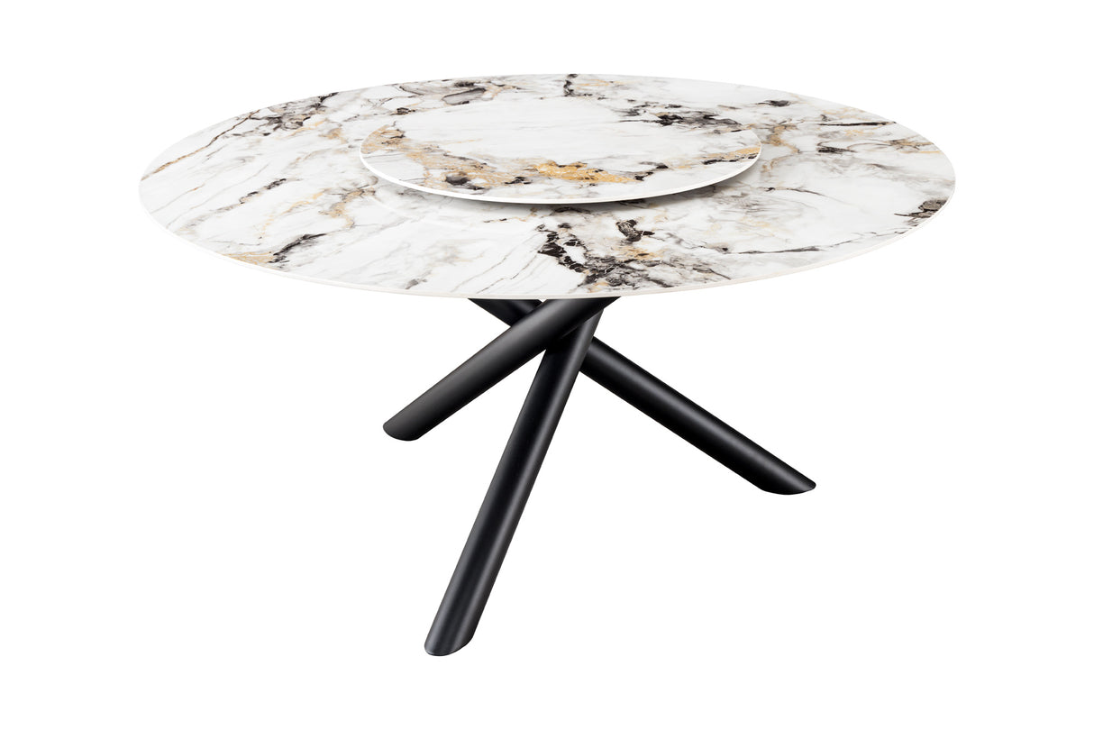 Dining table SPIN Ø 150cm rotatable with removable platter ceramic marble look white multicoloured