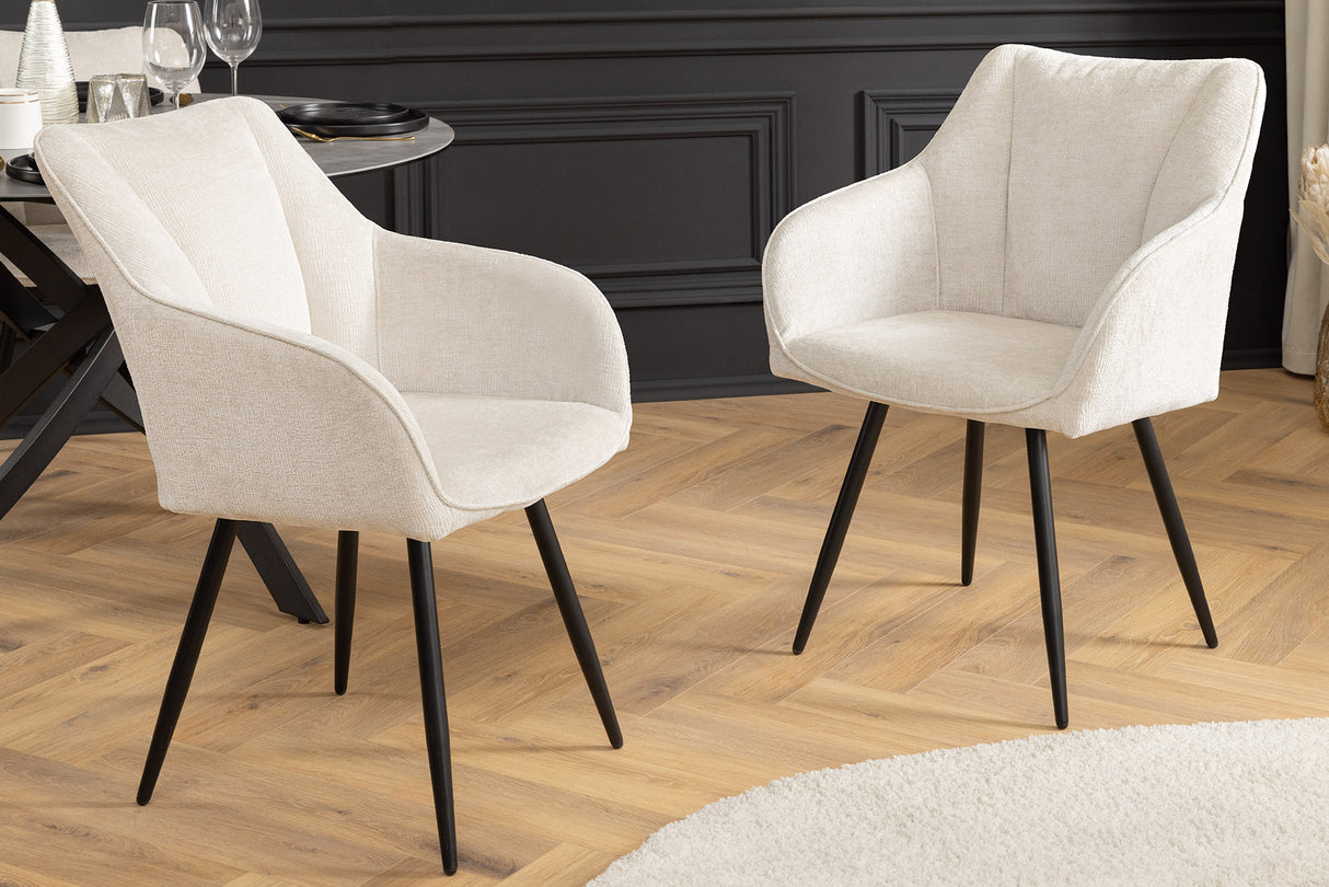 Swivel chair AVIGNON 360° w/ armrests chenille fabric champagne beige and black legs
