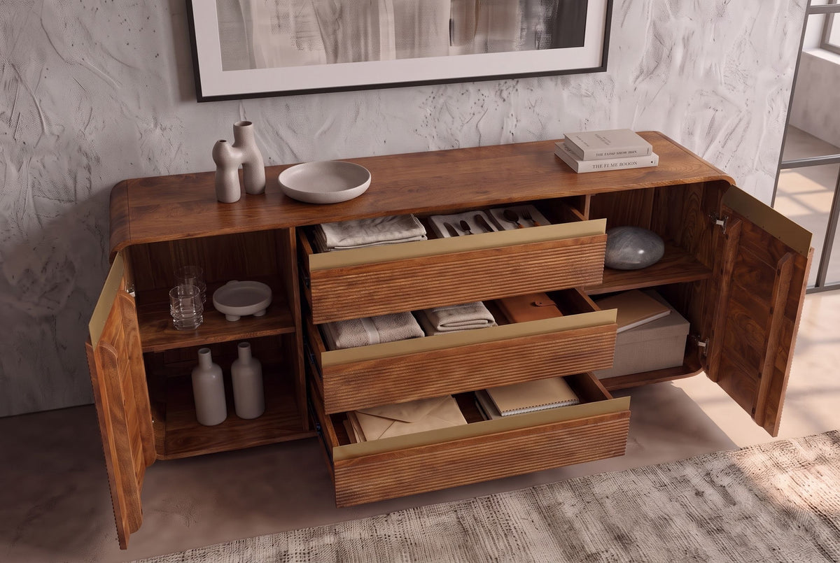 Sideboard MONZA 180cm fluted front rounded edges mango wood brown w/ gold details