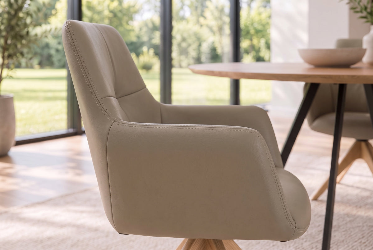 Swivel chair ALMARA 360° auto-return w/ armrests pocket spring core leather taupe oak wood frame